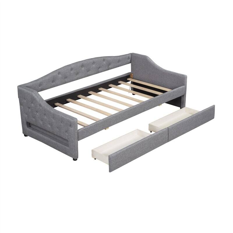 Twin XL Size Daybed with LED Belt and 2 Storage Drawers, Upholstered Daybed Frame Sofa Bed with Slats Support for Bedroom
