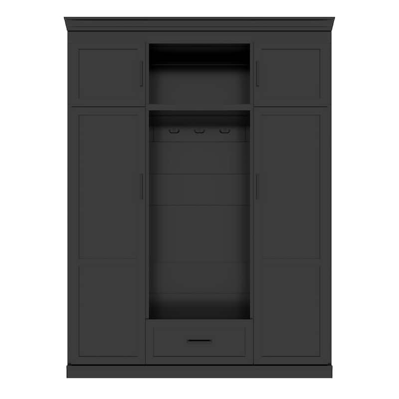 85.2''H Hall Tree with Bench and 3 Hooks, Modern Entryway Storage Organizer Cabinet with 4 Doors,1 Drawer and Adjustable Shelves