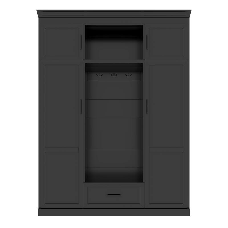 Roomfitters 85.2" Hall Tree with Bench, 3 Hooks, 4 Doors, 1 Drawer and Adjustable Storage Shelves