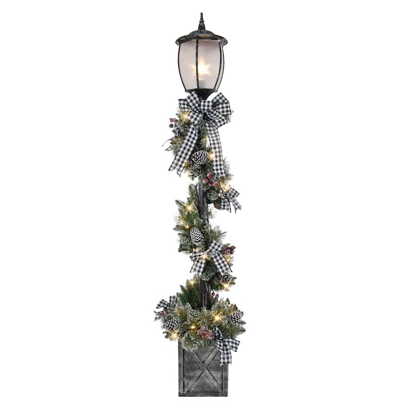 Pre-Lit Artificial Lamp Post with Plaid Bow - 7' - Warm White LED Lights