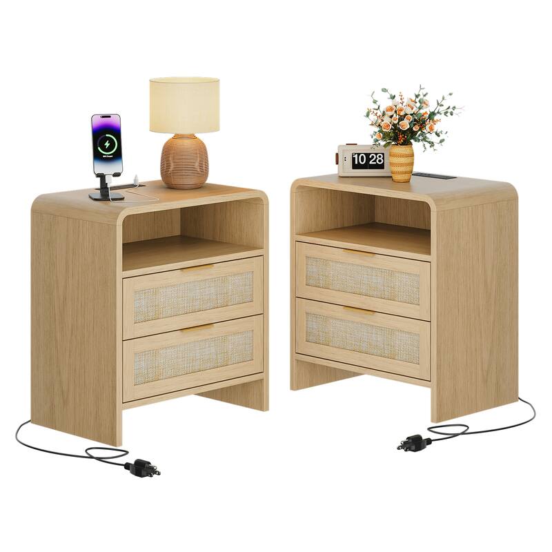 Rattan Nightstand with Charging Station Set of 2, 2 Drawers & Open Shelf, 22.8"Wide Curved Wooden Bedside Table - Oak
