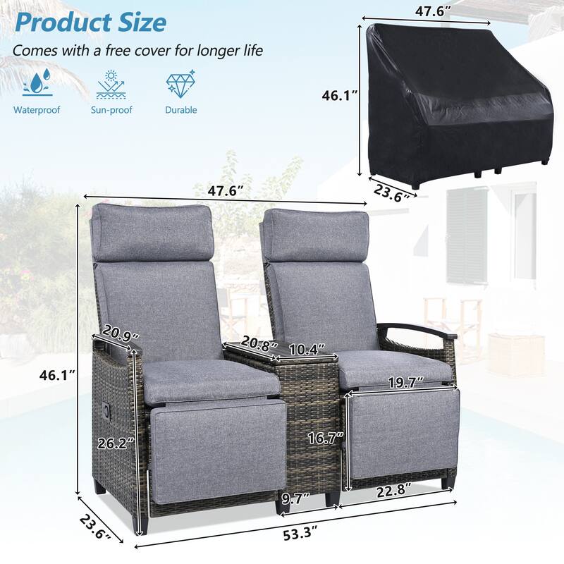 Patio Recliner Loveseat with Storage Table and Adjustable Back - 53.3" x 23.6" x 46.1"