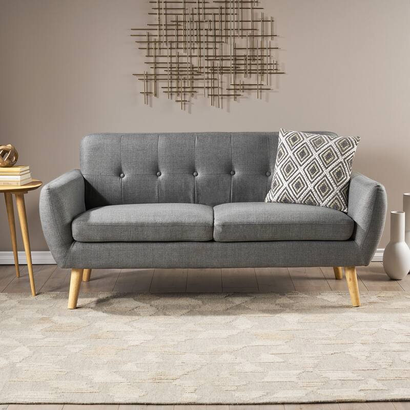 Dark Grey Fabric Loveseat for Small Spaces with Button - Tufted Backrest and Rubberwood Legs