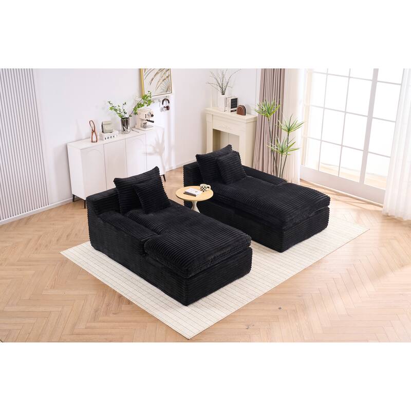 Oversized Corduroy Upholstered Chaise Lounge Sofa / Double Single Side Arm Sleeper Sofa Couch / Modular Recliner Sofa - Black