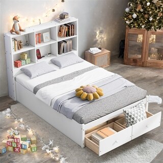Full Size Platform Bed with Storage Headboard, Charging Station and 2-Drawers, White