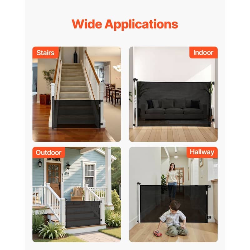 Retractable Baby Gate with Escape-Proof Bottom Hook and Mesh Design for Kids and Pets Safety