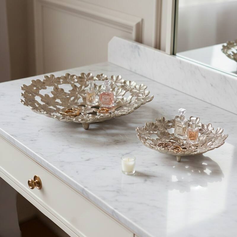 Floral Decorative Bowl - Openwork Detailing - Set of 2, 13", 18" Gold