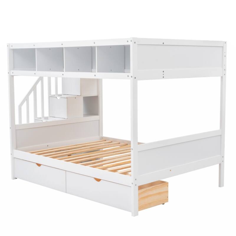 Twin over Full Bunk Bed with Shelfs, Storage Staircase and 2 Drawers