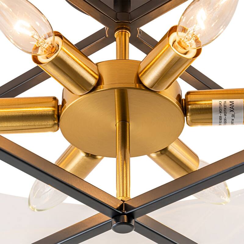 Modern Entryway 6-Light Glazed Glass Drum Semi-flush Mount - Black & Gold - 23.6in