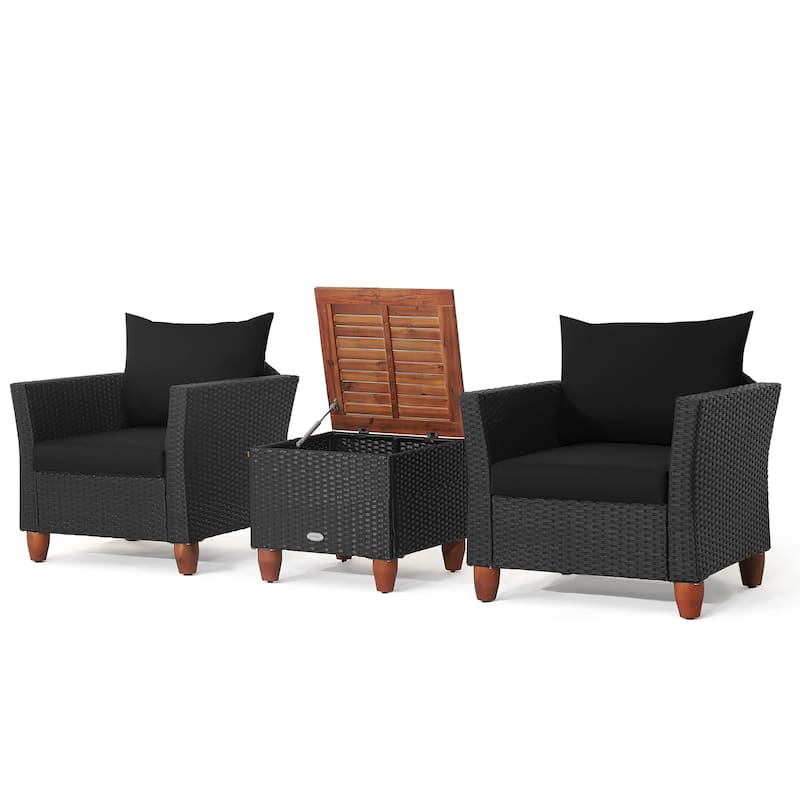 3PCS Patio Rattan Furniture Set Cushioned Sofa with Storage Table - Black