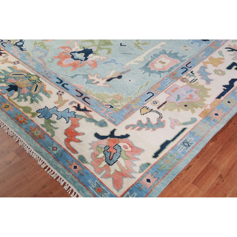 Light Blue Floral Oushak Indian Large Rug Handmade Wool Carpet - 8'11" x 17'7"
