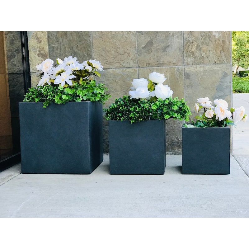 Durx-litecrete Lightweight Concrete Modern Square Granite Planter-Set of 3 :9.8'x9.8'x'9.8,11.8'x11.8'x11.8',15.7'x15.7'x15.7'