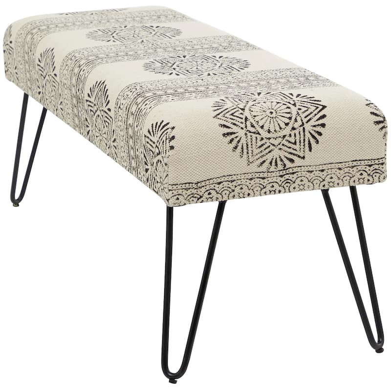 Metal Floral, Diamond or Tribal Bench with Metal Hairpin Legs - White, Gray or Multi Colored - Roche River Decor