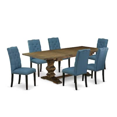7-Piece Medieval Dining Set - Kitchen Table with 6 Linen Fabric Chairs - Distressed Jacobean Finish - 92