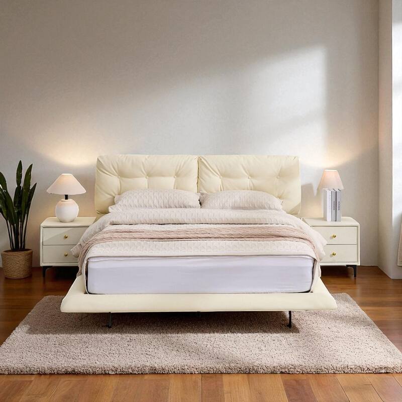Queen Floating Upholstered Platform Bed Frame with LED Lights, PU Leather, Button Tufted Headboard, No Box Spring - White - Queen