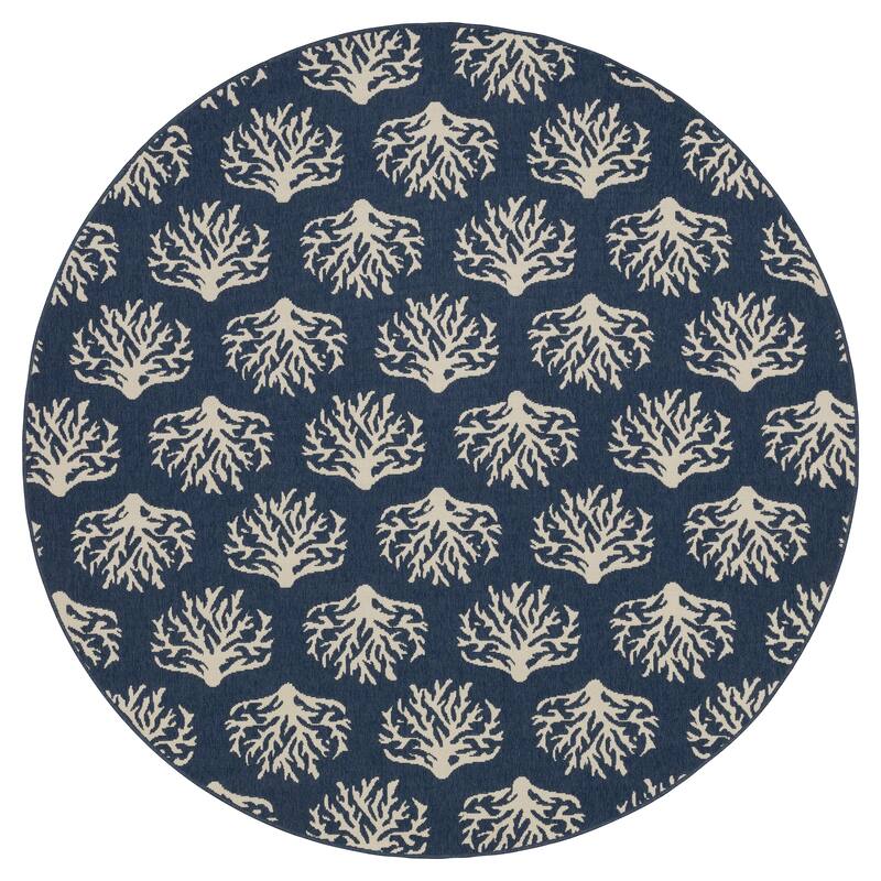 Miramar Coastal Coral Navy/ Ivory Indoor/Outdoor Area Rug - 7'10" Round