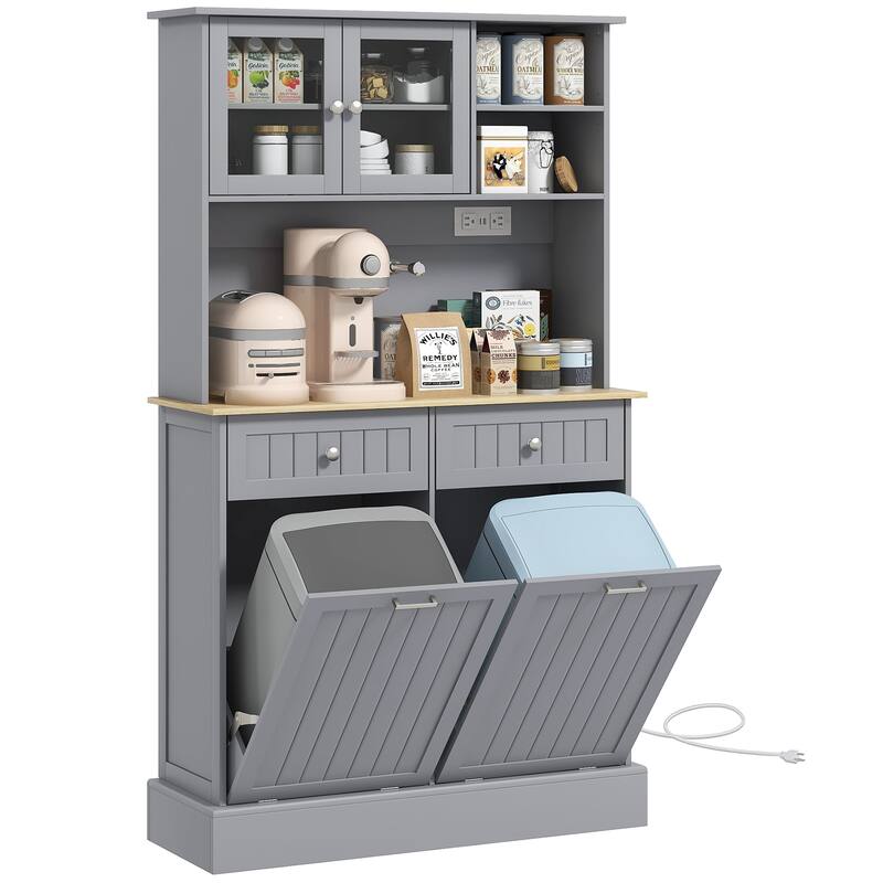 68" Kitchen Pantry Storage Cabinet with Charging Station, 2 Tilt Out Trash Cabinets and Microwave Stand, Freestanding - Gray