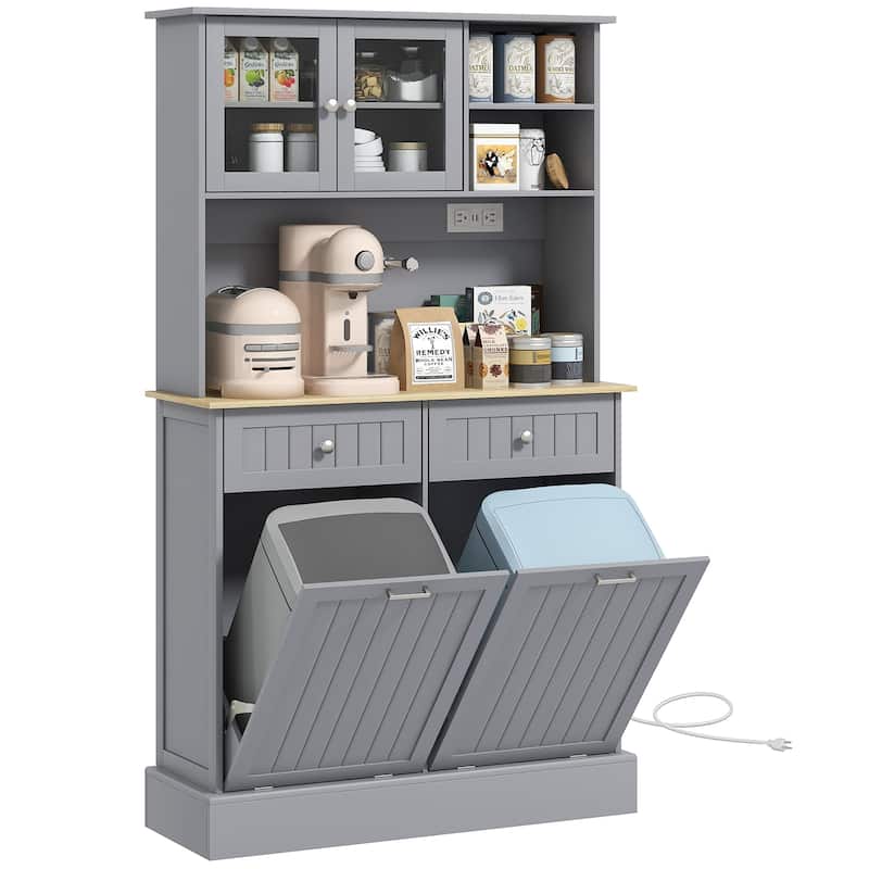 68" Kitchen Pantry Storage Cabinet with Charging Station, 2 Tilt Out Trash Cabinets and Microwave Stand