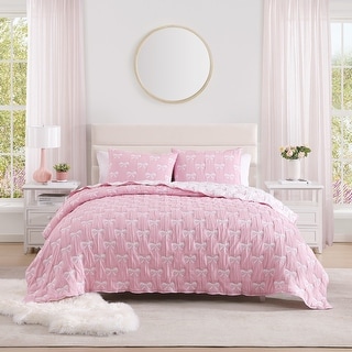 Ballet Bows Pink All-Season Soft Woven Matelasse Jacquard Reversible Cotton Blend Quilt Set