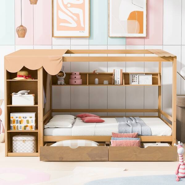 slide 2 of 27, Full Daybed House Frame wDrawers, Shelf, Built-in Wardrobe, Ceiling Natural - Full