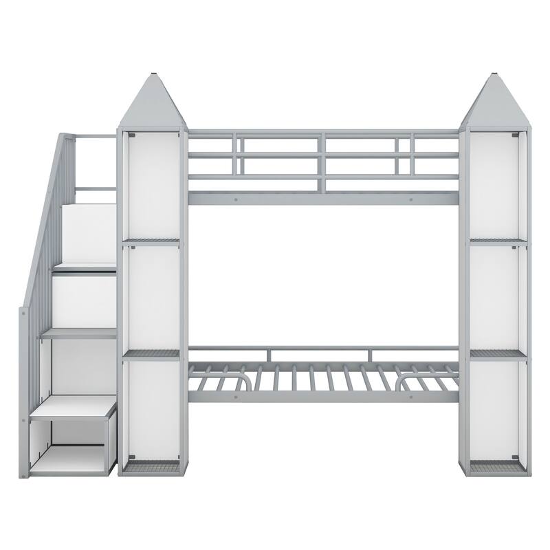 Twin Metal Castle Bunk Bed with Wardrobe, Staircase, and Cabinets