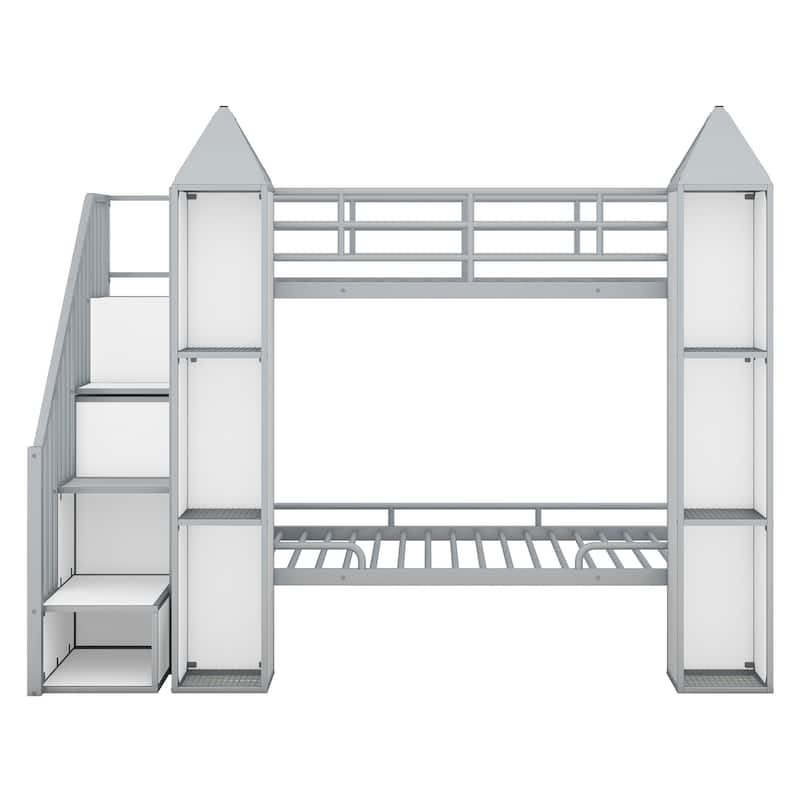 Twin Over Twin Size Bunk Bed w/Storage Shelves,Wardrobe,Metal Bedframe