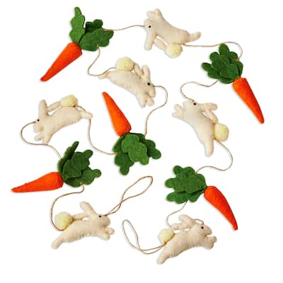Bunny & Carrot Wool Felt Garland - Decorative Wall Banner for Spring & Summer, Multicolor, 78" Long, Easy Dust Clean