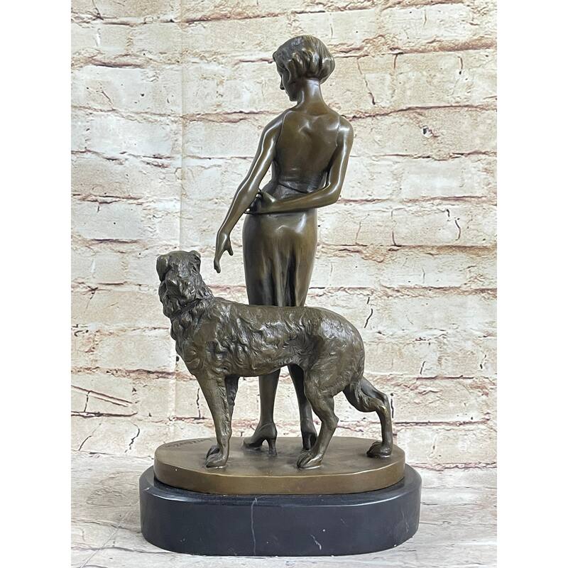 Art Deco Girl With Dog Bronze Statue Sculpture Figure Lorenzl 14 Inches X 8 Inches
