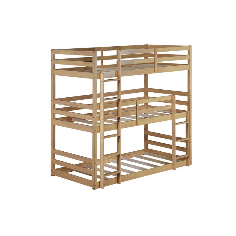 Space-Saving Triple Twin Bunk Bed, Rubber Wood Construction, Detachable into Three Beds, with Guardrails