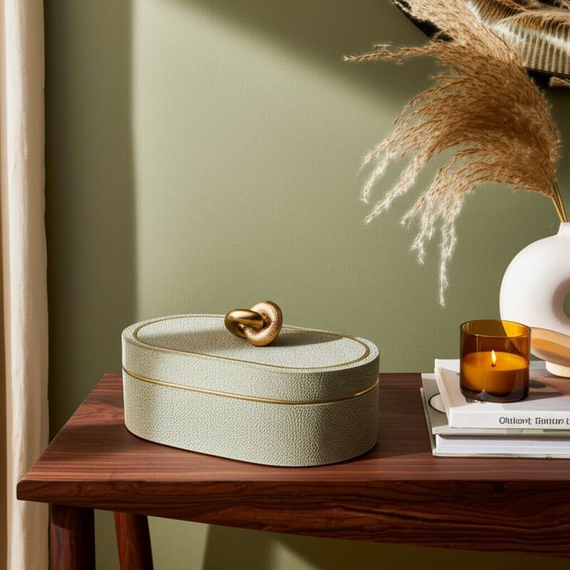 Oval Shape Decorative Box with Textured Finish - Multi-Purpose Decorative Storage and Organizer - 14", Tan - 14" x 7" x 8.25"