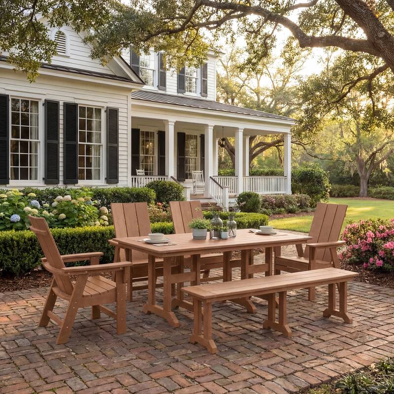 Shoreside 6-Piece Rectangular Poly Eco-Friendly All Weather Outdoor Dining Set with Bench - Teak