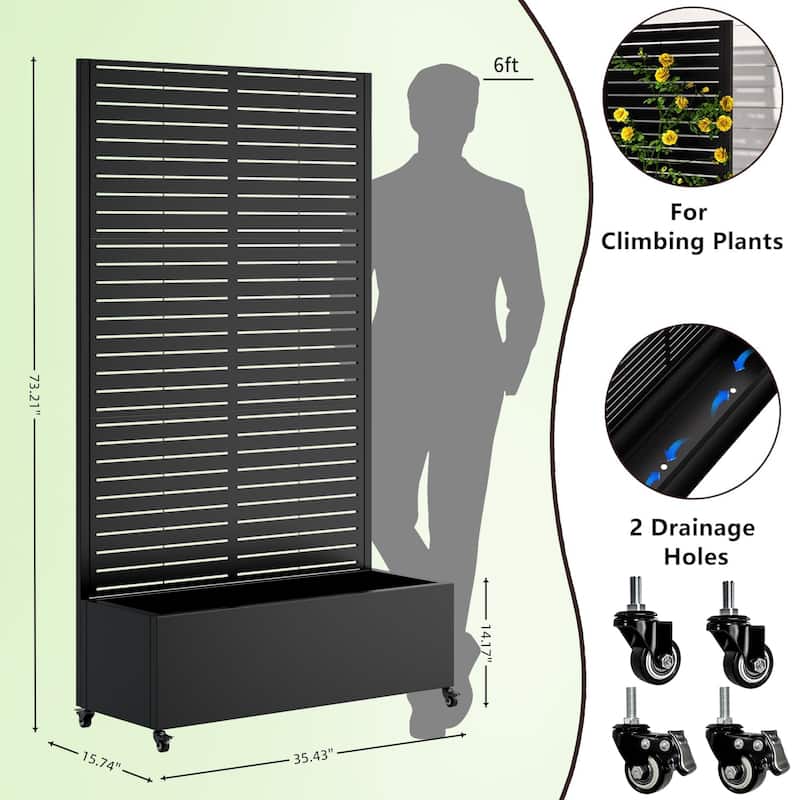 Anmytek Metal Planter Box with Trellis on Wheels Privacy Screen Vertical Garden Black Outdoor Indoor