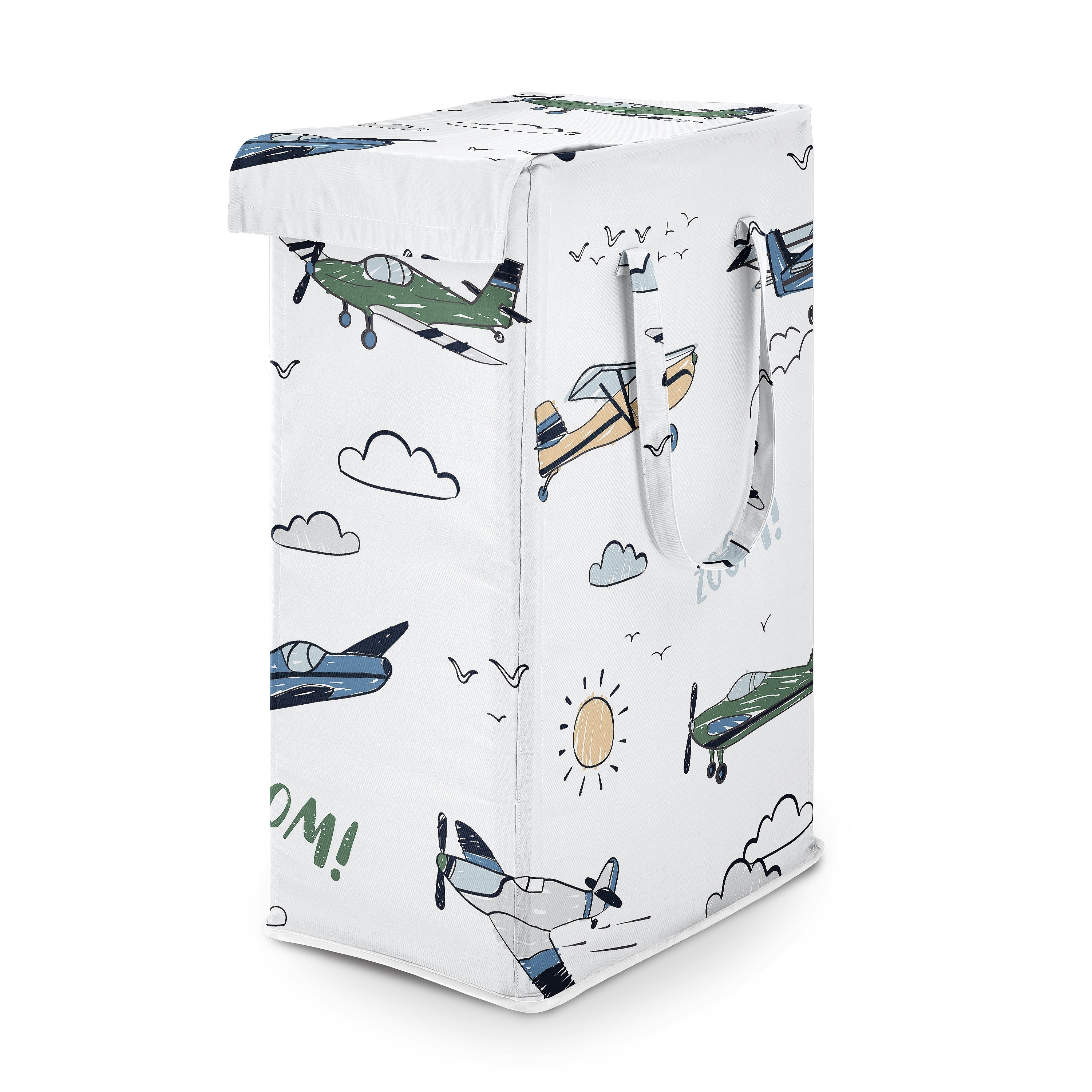 Sweet Jojo Designs Green Vintage Airplane Collection Boy Foldable Laundry Hamper with Handles - Airplanes Transportation Clouds
