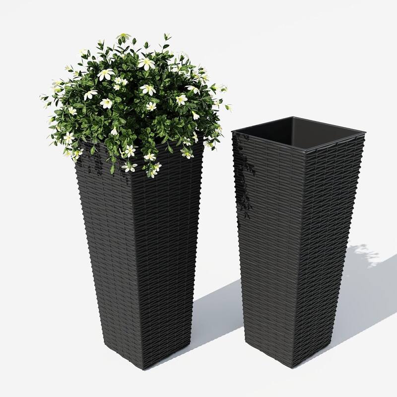32-Inch Outdoor Tall Planter With Removable Inner Liner And Drainage Holes - Black-Short