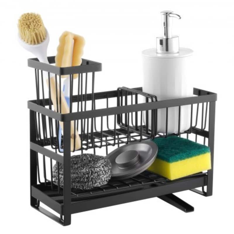 Black Double-Layer Kitchen Sink Caddy with Rotating Drain and Organizer - 9.37" x 4.02" x 5.71"