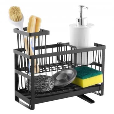 Black Double-Layer Kitchen Sink Caddy with Rotating Drain and Organizer - 9.37" x 4.02" x 5.71"