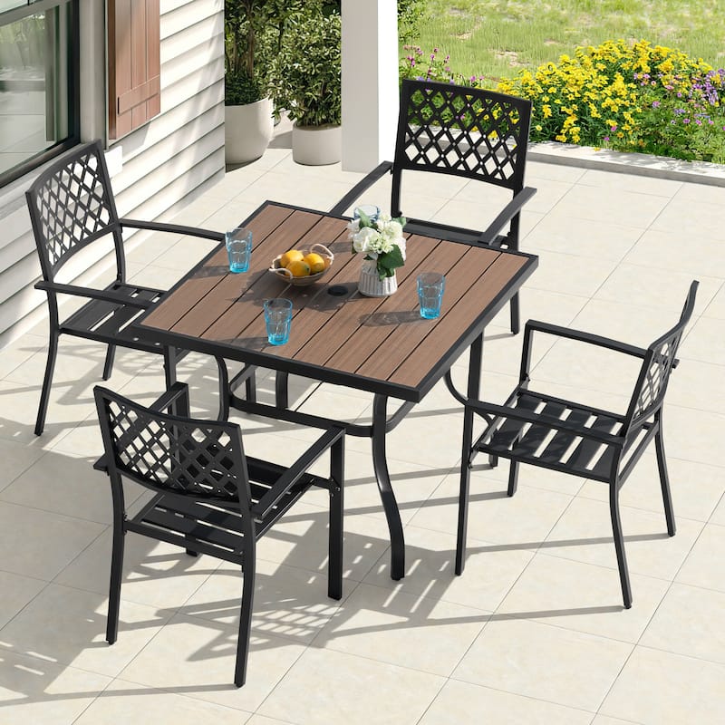 Patio Dining Set with Umbrella Hole, Stackable Design - Wood grain and black