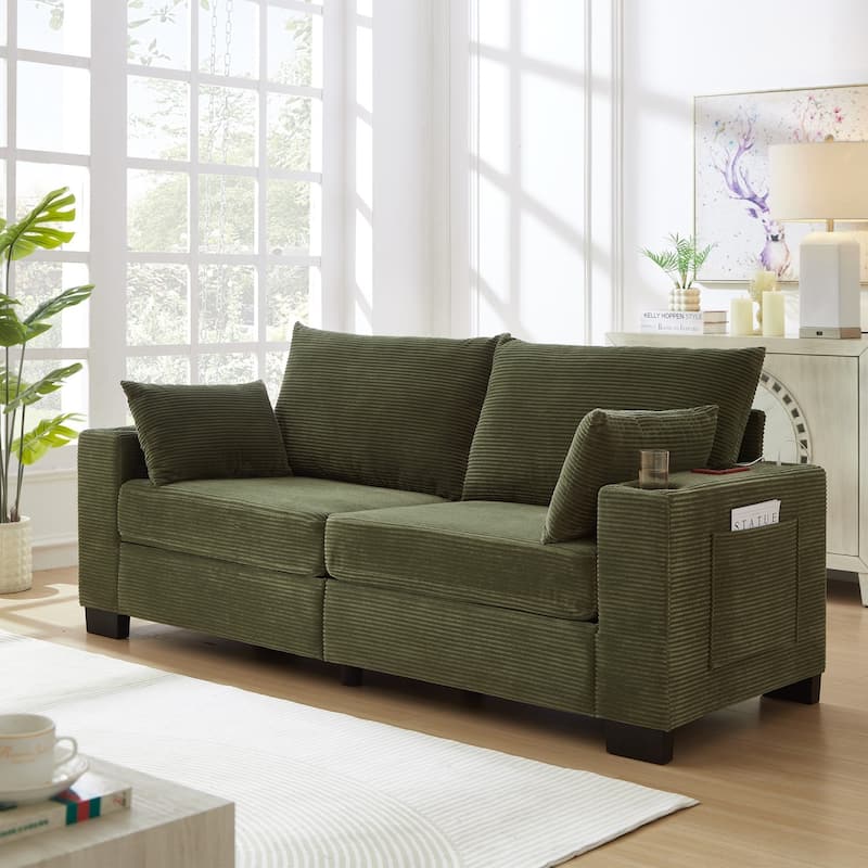 78" Corduroy 3-Seater Sofa with USB Ports, Cup Holders and Side Pockets