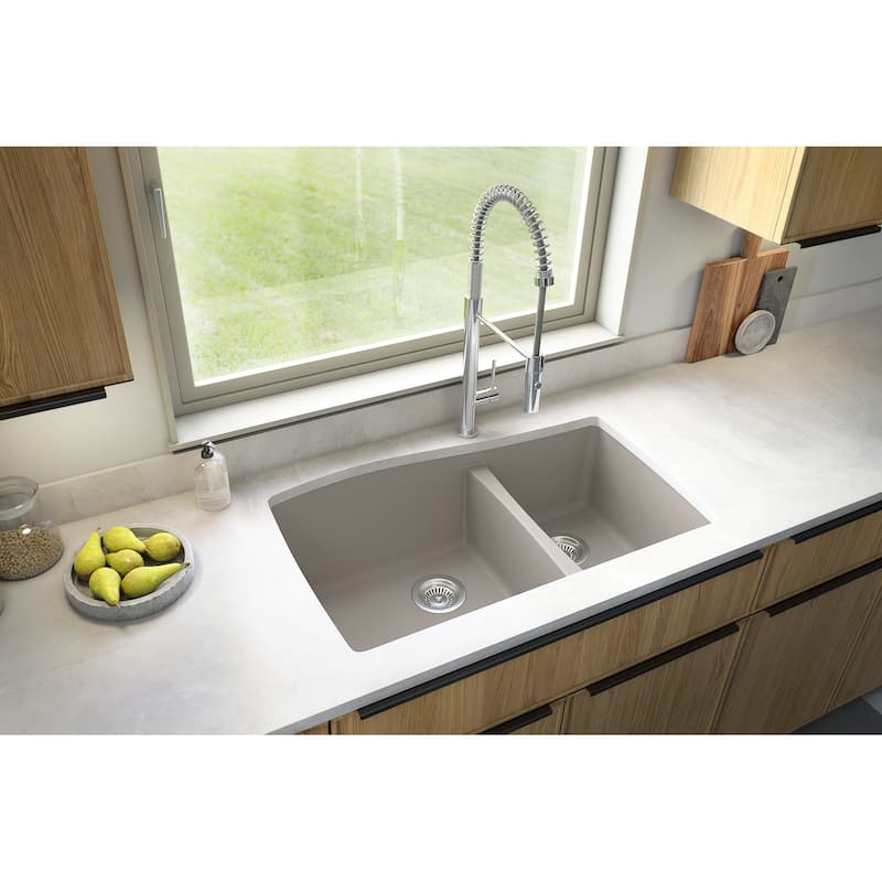Karran Undermount Quartz 33 in. Double Bowl 60/40 Kitchen Sink with Bottom Grids and Strainers