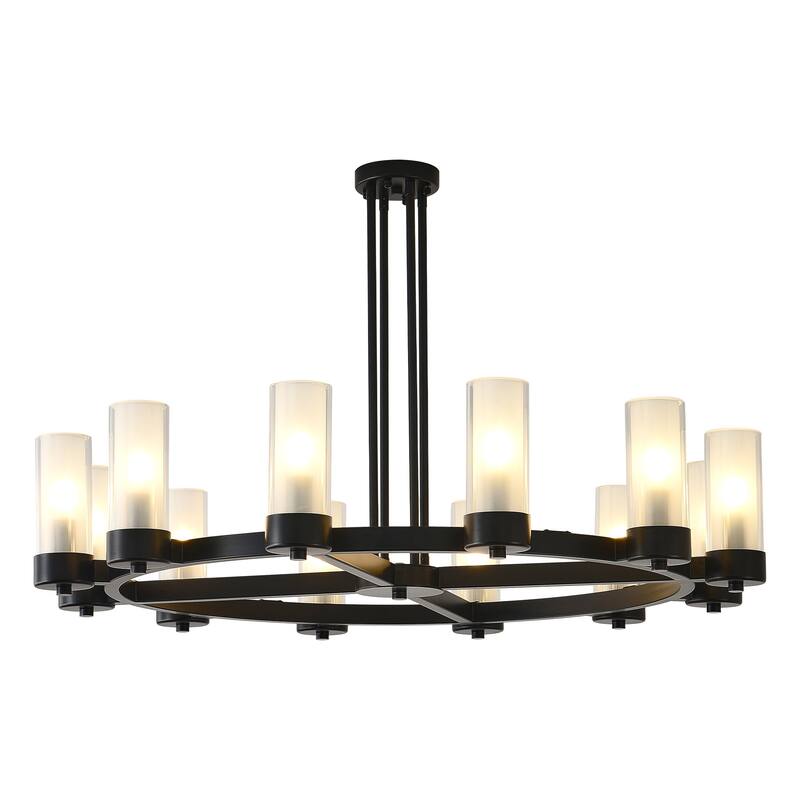 12 - Light Modern Round Chandelier with Frosted Glass Cylinder Shades