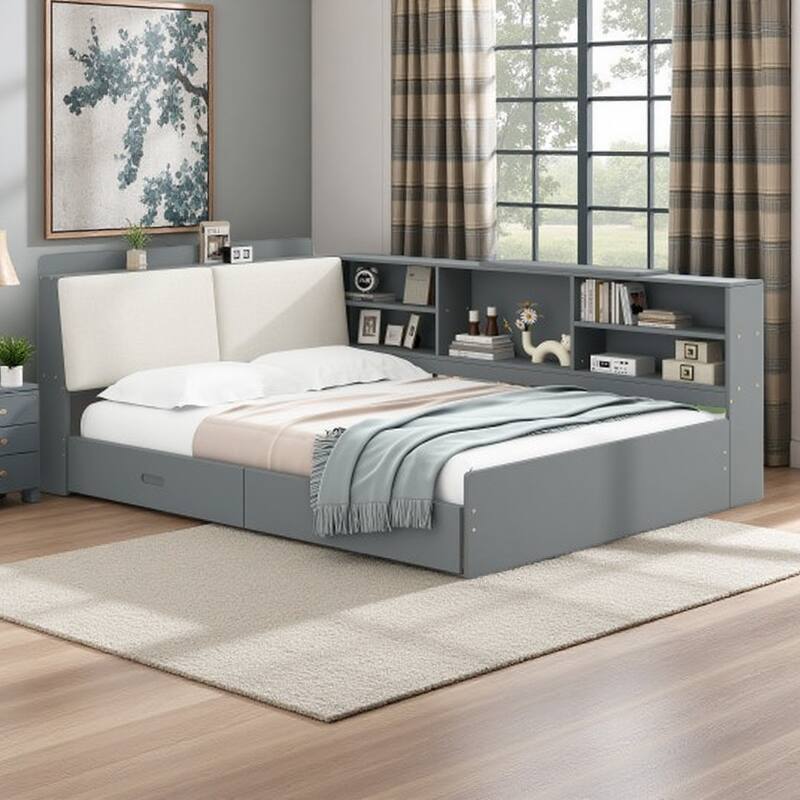 Full Size Wood Platform Bed with Upholstered Headboard, Built-In Shelves, Rotating Tray, and 2 Storage Drawers - Gray