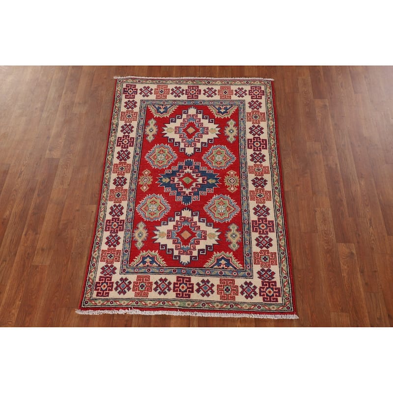 Geometric Kazak Oriental Accent Rug Handmade Red Wool Carpet - 3'3"x 5'0"