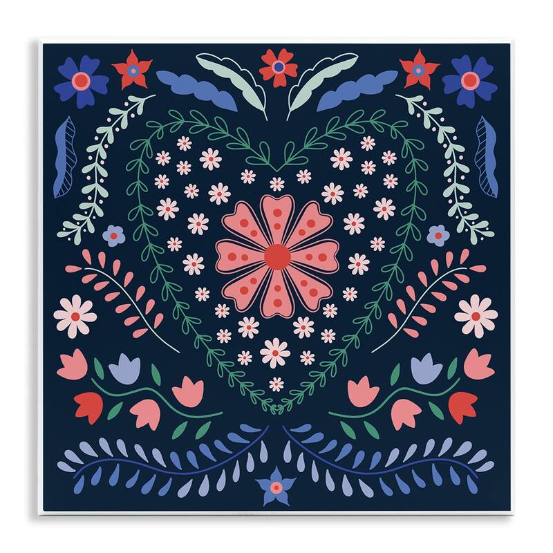 Stupell Folk Flowers in Heart Pattern Wall Plaque Art Design By Sazerelli Designs - 12 x 12
