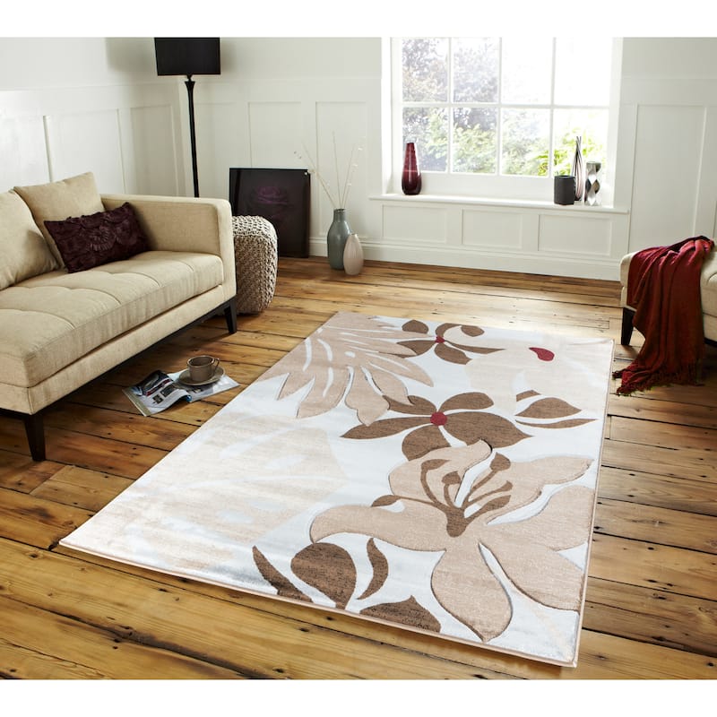 Glamour Floral Collection Polypropylene Area Rug - 5'2'' X 7'5'' - Light Grey/Dark Brown