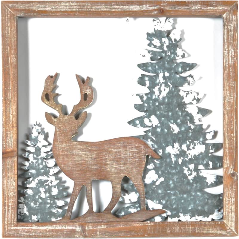 Wooden Deer Against Metal Trees In Wooden Frame Wall Decor