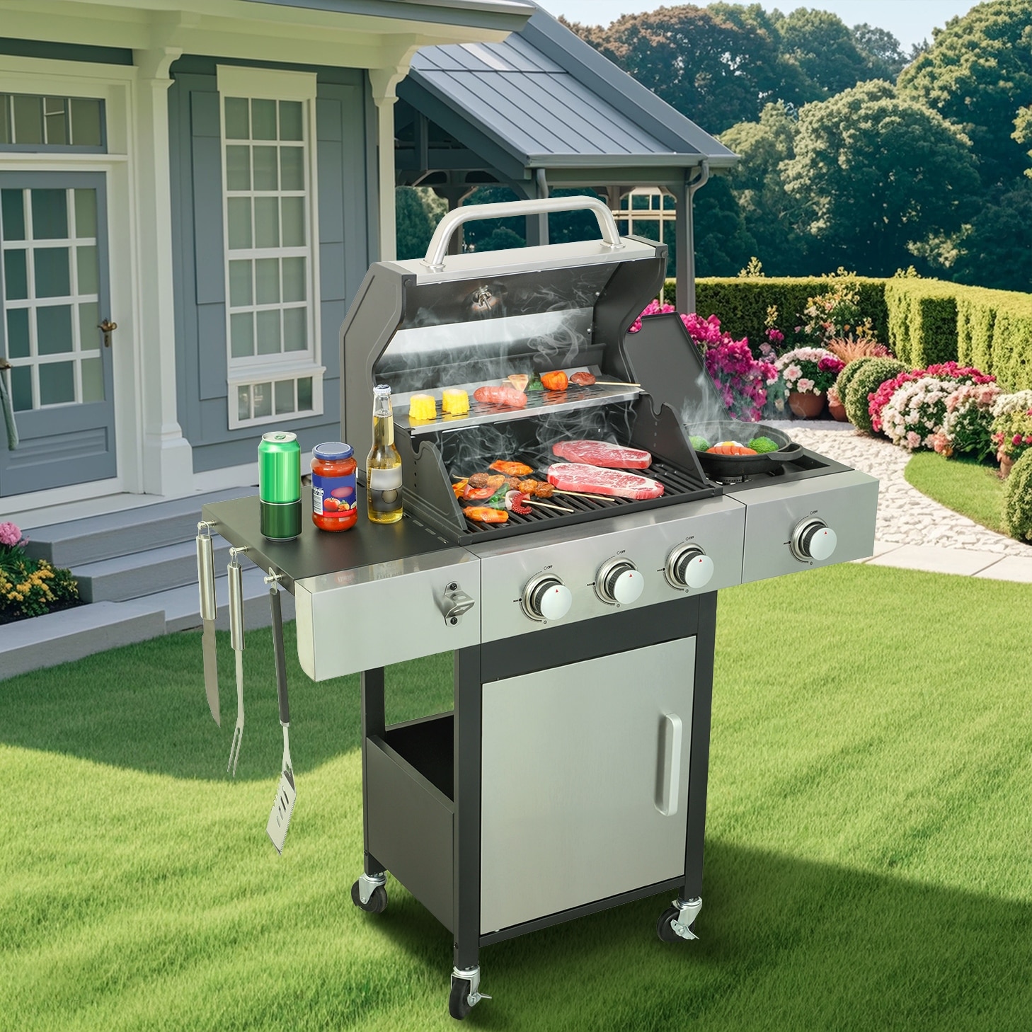 3-Burner Propane Gas BBQ Grill with Side Burner, Stainless Steel