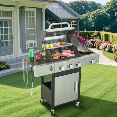 3-Burner Propane Gas BBQ Grill with Side Burner with Enameled Cast Iron Cooking Grids For Outdoor Barbecue, Stainless Steel