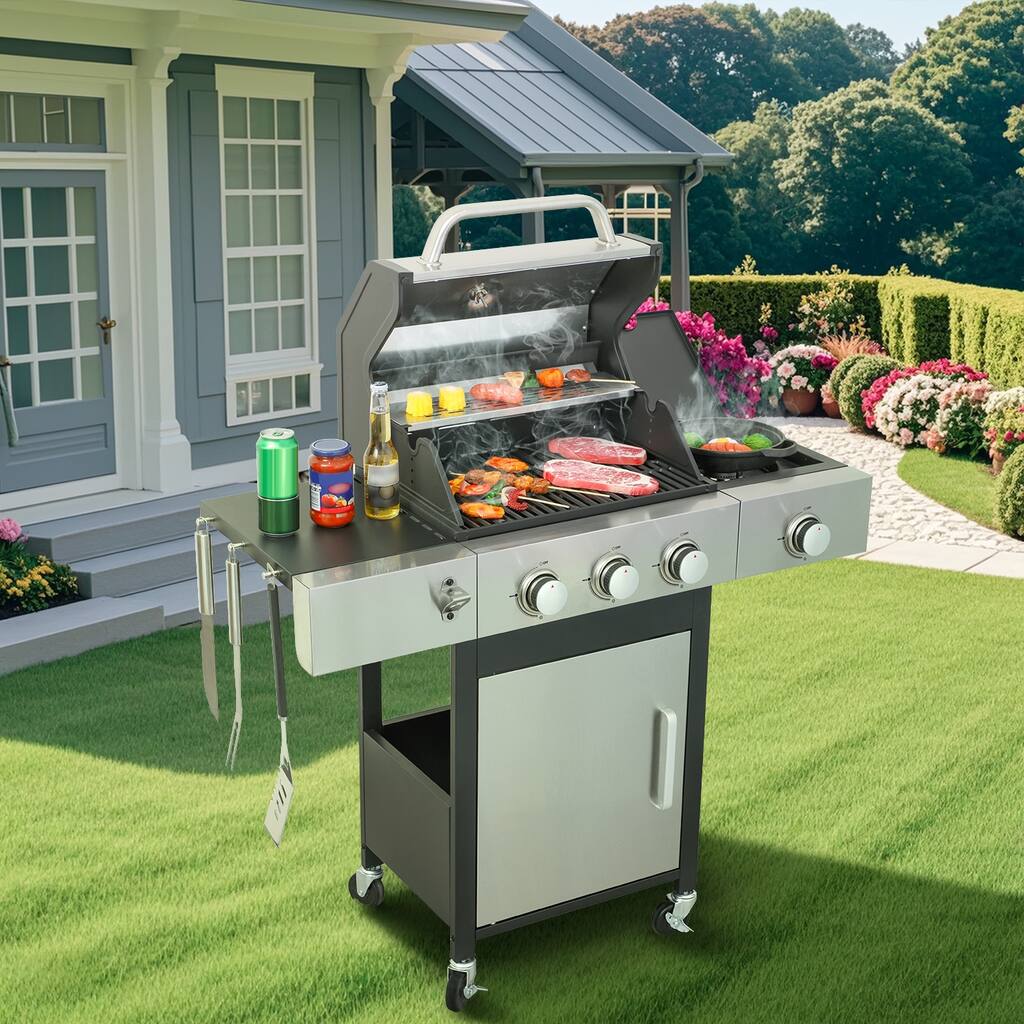 3-Burner Propane Stainless Steel Gas BBQ Grill with Side Burner and Enameled Cast Iron Cooking Grids, for Outdoor Barbecue