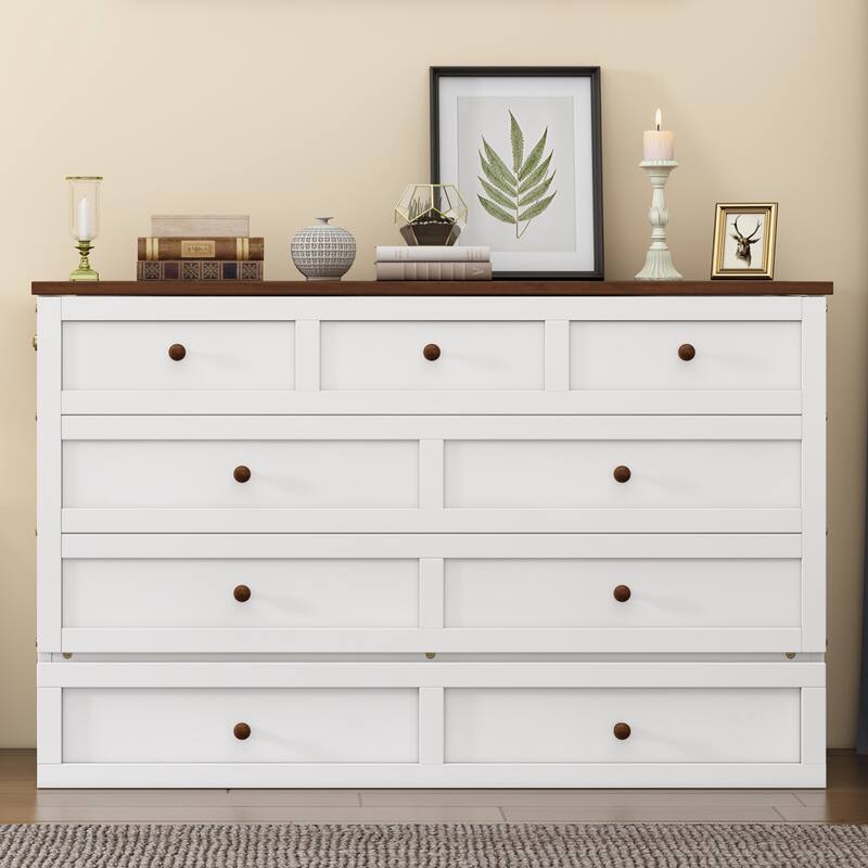 Solid Pine Murphy Bed Chest with Charging Station and Large Storage Drawer for Home Office or Small Room , Full, White+Walnut