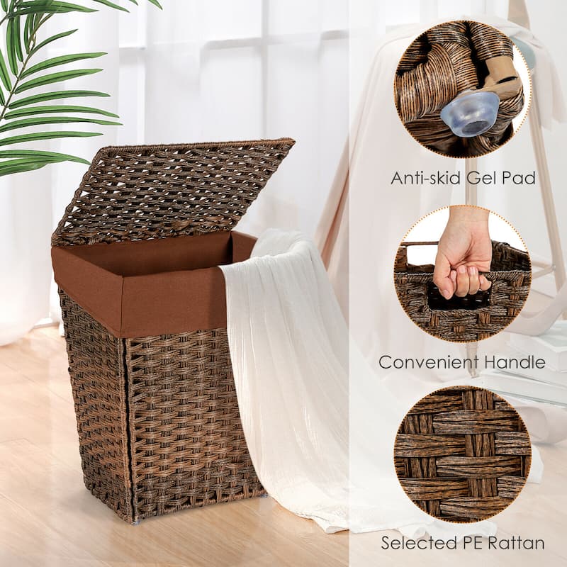 Gymax Handwoven Laundry Hamper Foldable w/Removable Liner, Lid & - 17.5'' X 12'' X 21''
